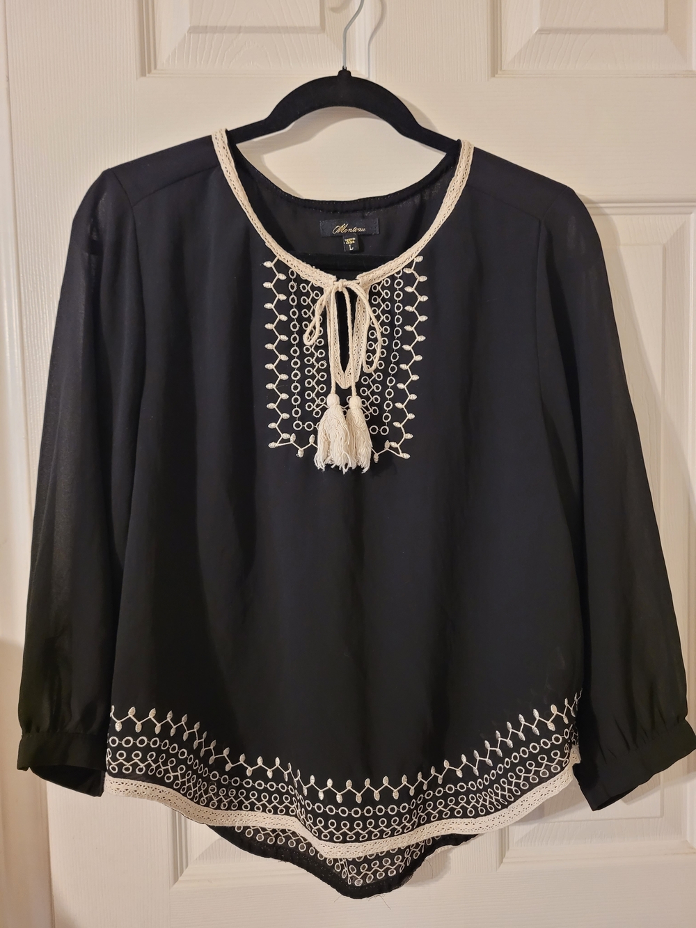 🔥 2 For $20 - Black Embroidered Blouse with Cream Trim and Tassel Tie